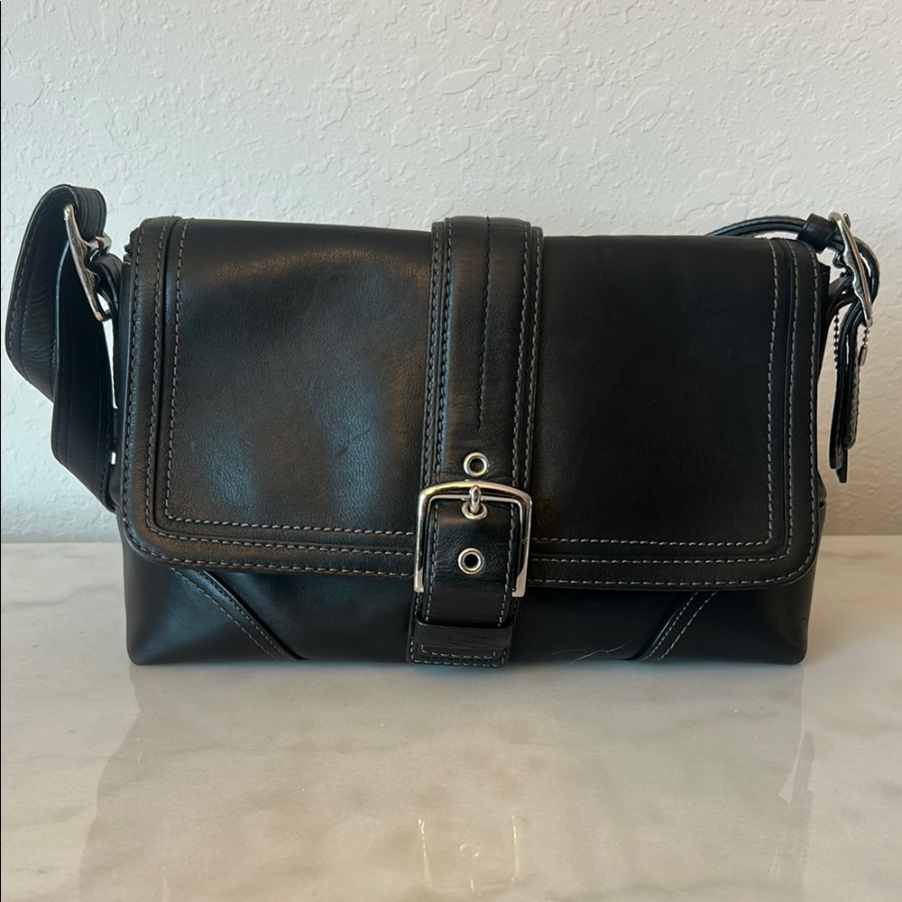Coach F11196 Black Hampton Leather  with Silver Buckle Shoulder Handbag